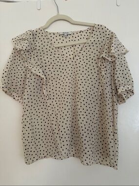 Polka Dot Ruffle Short Sleeve Top - Beige/Black